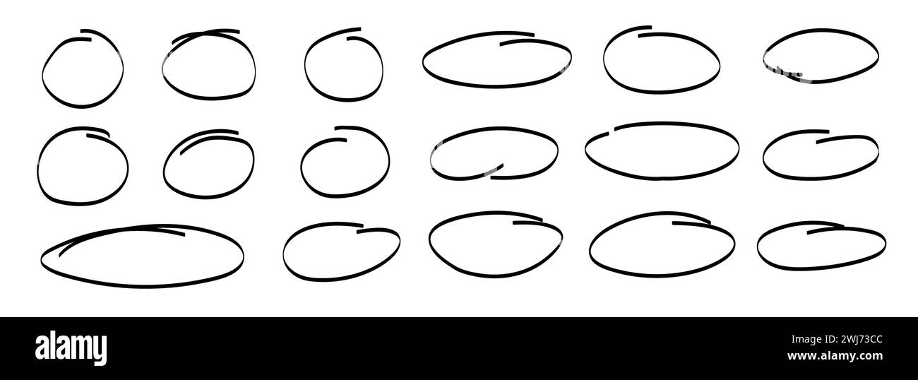 Handgezeichnetes ovales Kritzelstrichset. Linie ovale runde Vektorbürste. Ovaler, handgezeichneter Skizzenrahmen. Stock Vektor