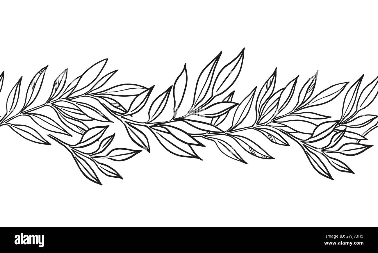 Hand gezeichnete nahtlose Grenze von Vektorpflanzen, Brunch von Blumen, Skizze von Blättern, Kräutern, Gras, farbige Silhouette der Blätter, monochrome Illustration ist Stock Vektor