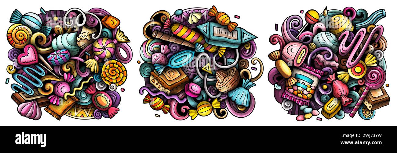 Bonbon Cartoon Vektor Doodle Designs Set. Farbenfrohes, detailliertes Banner mit vielen Süßigkeiten und Symbolkompositionen. Stock Vektor