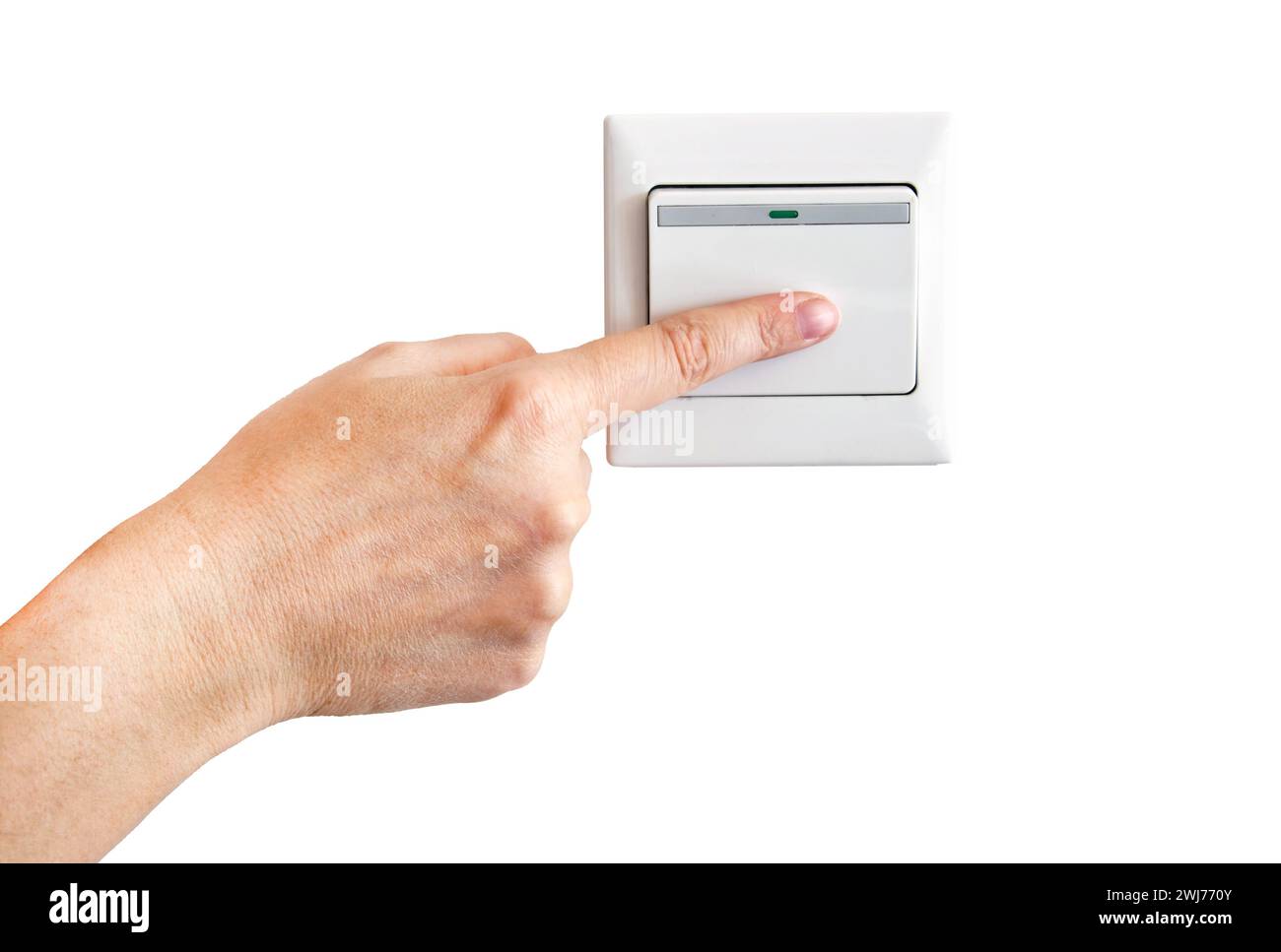 Hand mit Finger auf Lichtschalter isoliert auf weißem Hintergrund Stockfoto