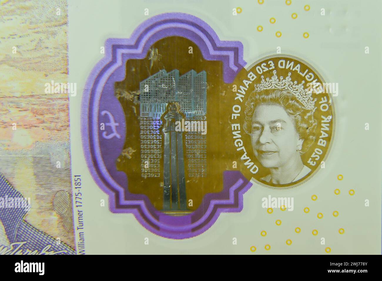 Britische Pfund £20-Pfund-Banknotennahmeansicht mit selektivem Fokus. Großbritannien mit einem Porträt von Königin Elisabeth II Stockfoto