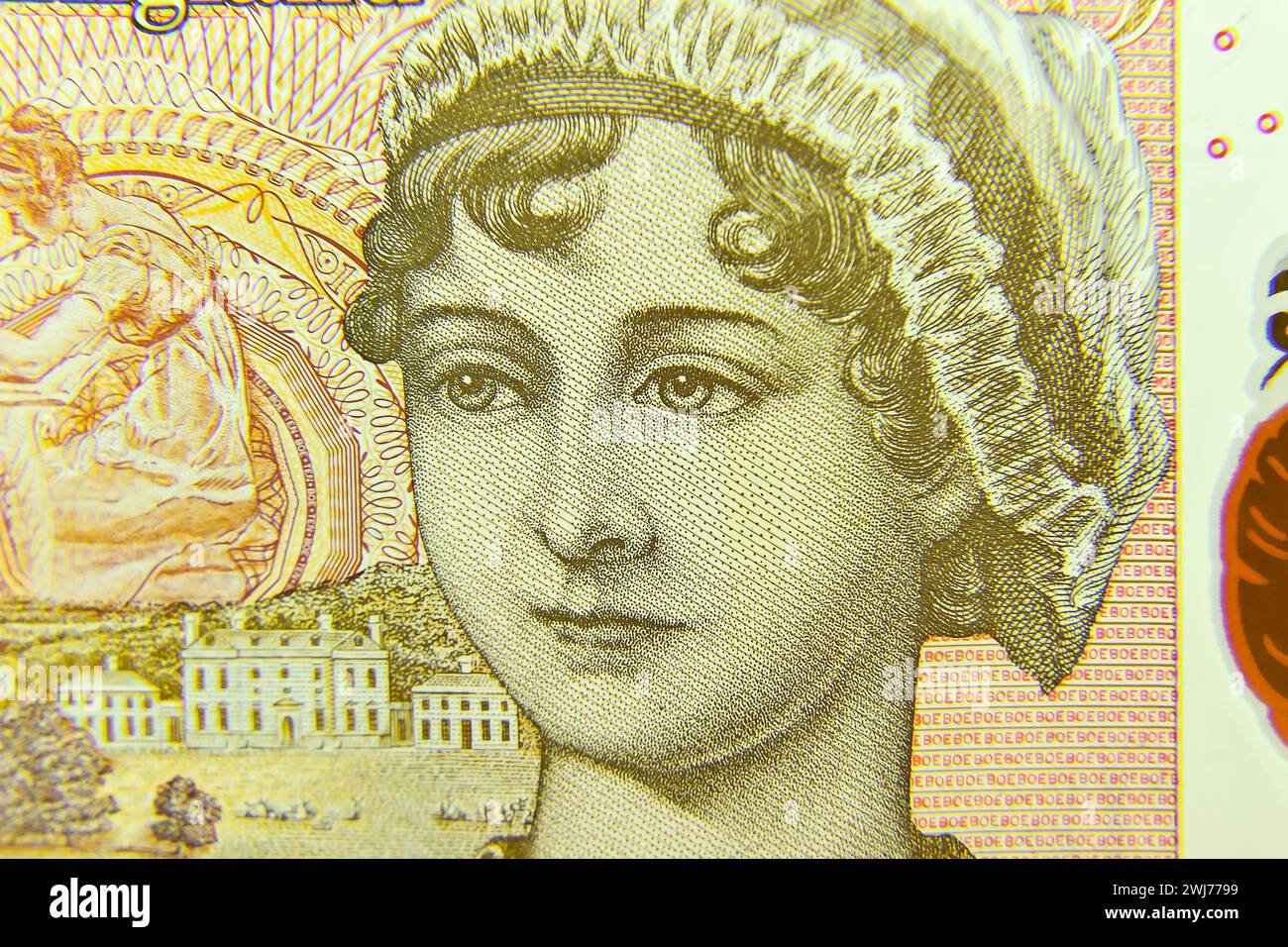 Nahaufnahme der Rückseite einer £10-Note aus Großbritannien mit einem Porträt der Autorin Jane Austen mit selektivem Fokus Stockfoto