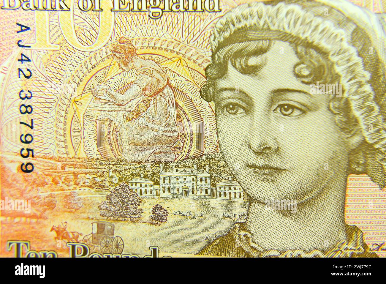 Nahaufnahme der Rückseite einer £10-Note aus Großbritannien mit einem Porträt der Autorin Jane Austen mit selektivem Fokus Stockfoto