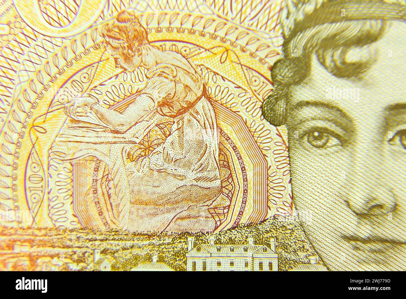 Nahaufnahme der Rückseite einer £10-Note aus Großbritannien mit einem Porträt der Autorin Jane Austen mit selektivem Fokus Stockfoto