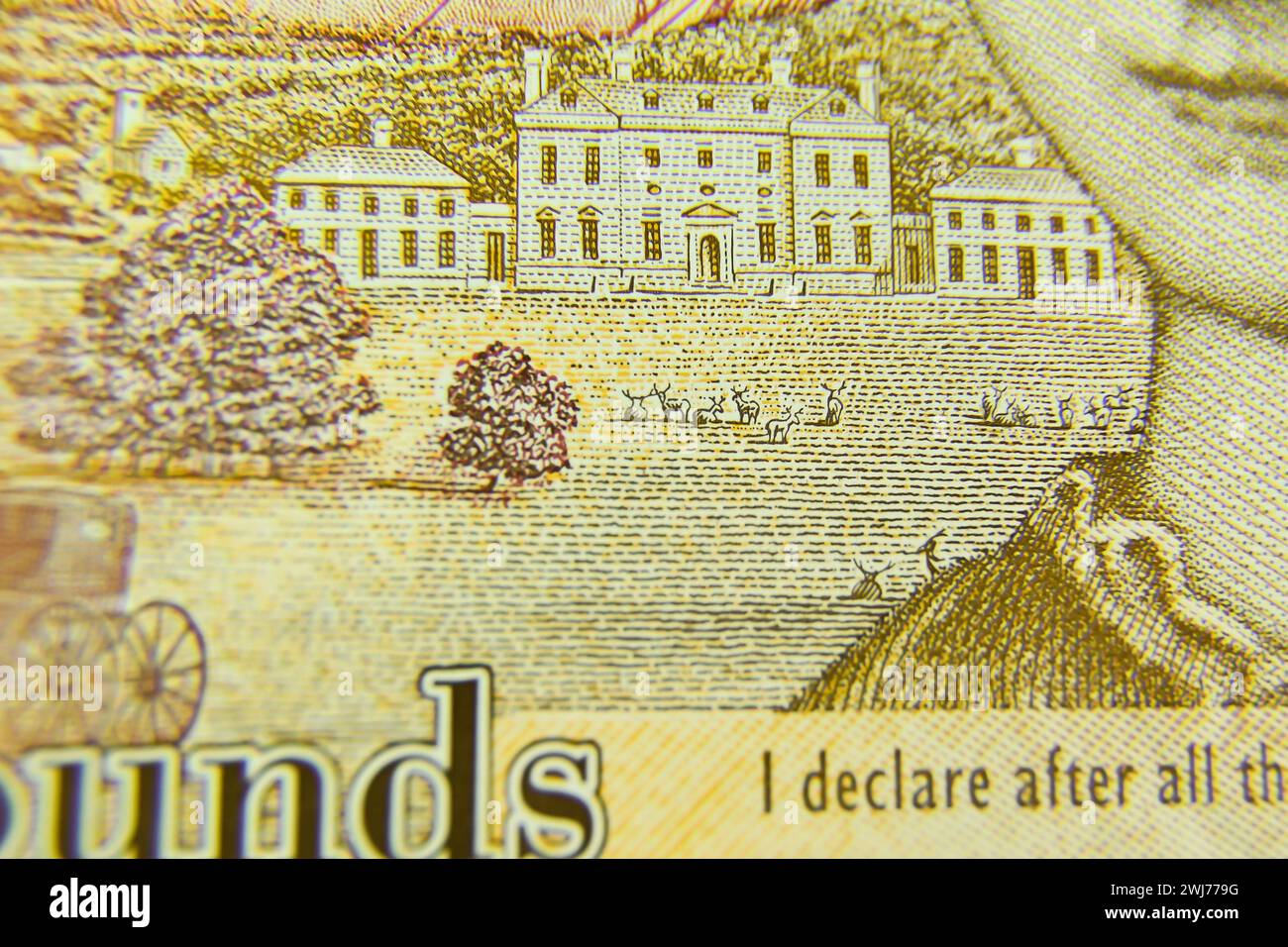 Nahaufnahme der Rückseite einer £10-Note aus Großbritannien mit einem Porträt der Autorin Jane Austen mit selektivem Fokus Stockfoto