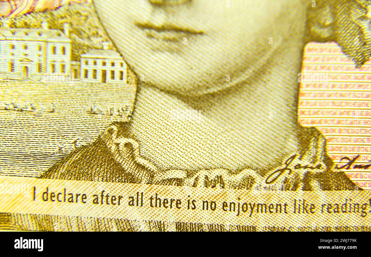 Nahaufnahme der Rückseite einer £10-Note aus Großbritannien mit einem Porträt der Autorin Jane Austen mit selektivem Fokus Stockfoto