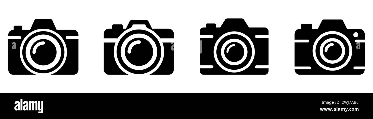 Kamerasymbol. Satz von Fotokamerasymbolen. Schwarzes Symbol der Kamera isoliert auf weiß Stock Vektor