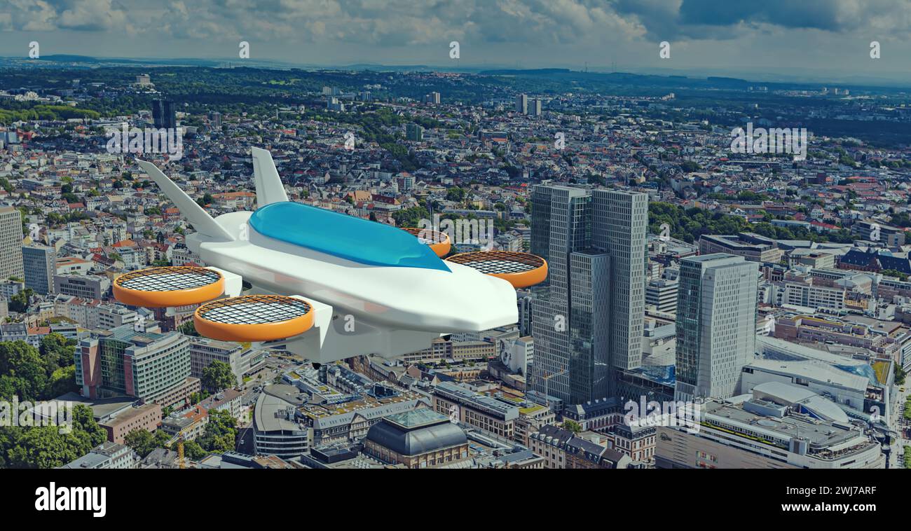 Fliegende Taxidrohne in der Luft, 3D-Illustration Stockfoto