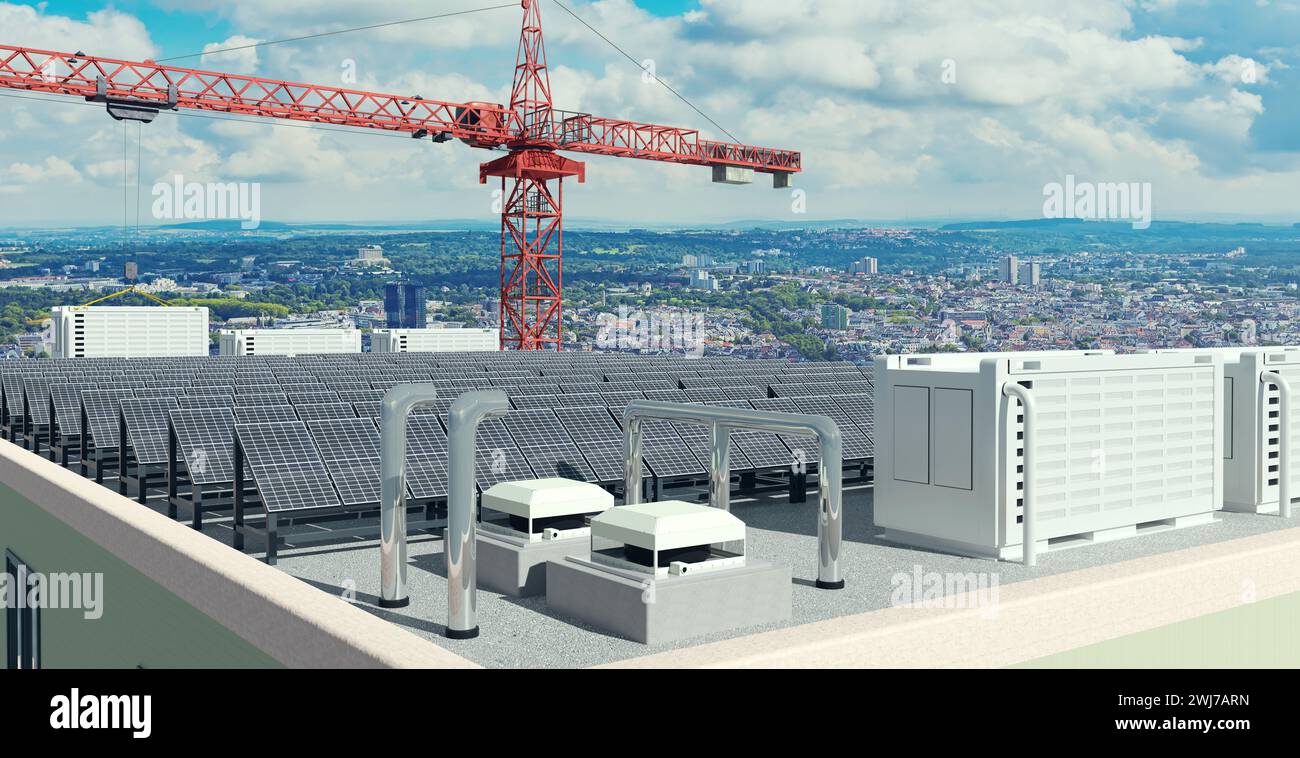 Installation von Solarpaneelen mit Batteriespeicher auf dem Dach eines Hochhauses, Abbildung 3D Stockfoto