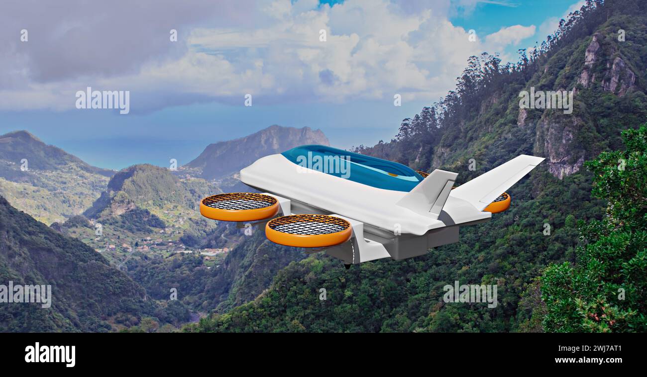 Fliegende Taxidrohne in der Luft, 3D-Illustration Stockfoto