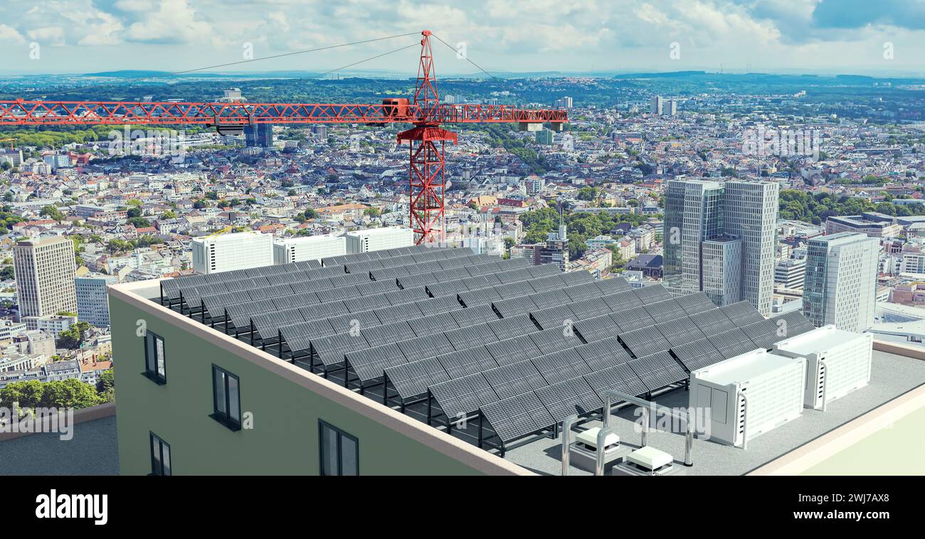 Installation von Solarpaneelen mit Batteriespeicher auf dem Dach eines Hochhauses, Abbildung 3D Stockfoto