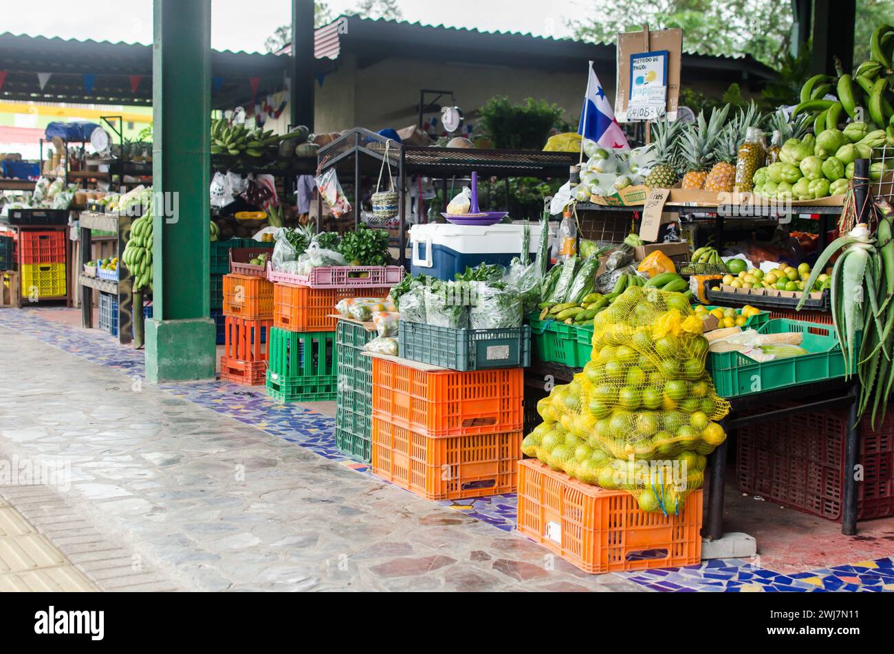 Der kommunale Markt von El Valle de Anton ist ein beliebter Ort, der frische Produkte, lokales Kunsthandwerk und typische Süßigkeiten anbietet. Stockfoto