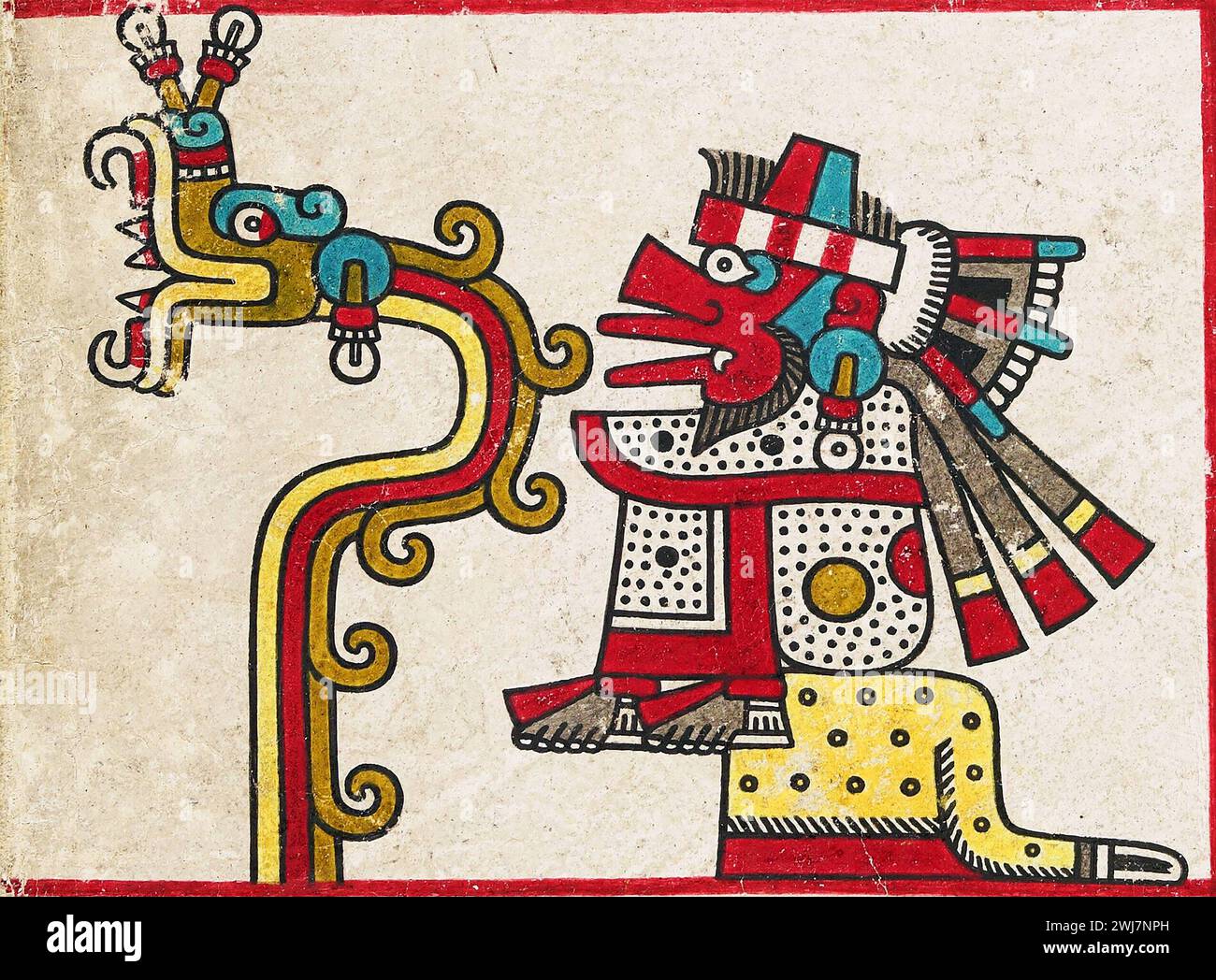 Quetzalcoatl, eine Gottheit der aztekischen Kultur und Literatur. Darstellung der beiden Formen des Gottes Quetzalcoatl aus dem Codex Laud, einer vorhispanischen mexikanischen Handschrift, die möglicherweise im 15. Jahrhundert entstanden ist. Seine Gestalt als gefiederte Schlange, himmlische Gottheit, ist links dargestellt, und seine Gestalt als Gott des Windes Eha atl ist rechts zu sehen. Stockfoto