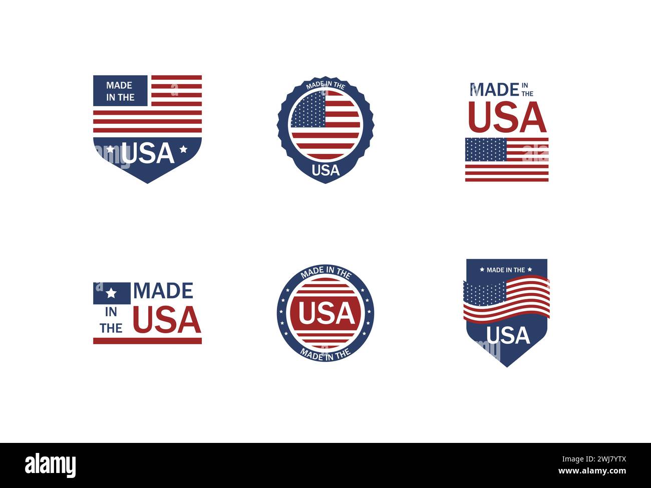 Made in usa Etikettenset. Firmenaufkleber mit amerikanischer Flagge Stock Vektor