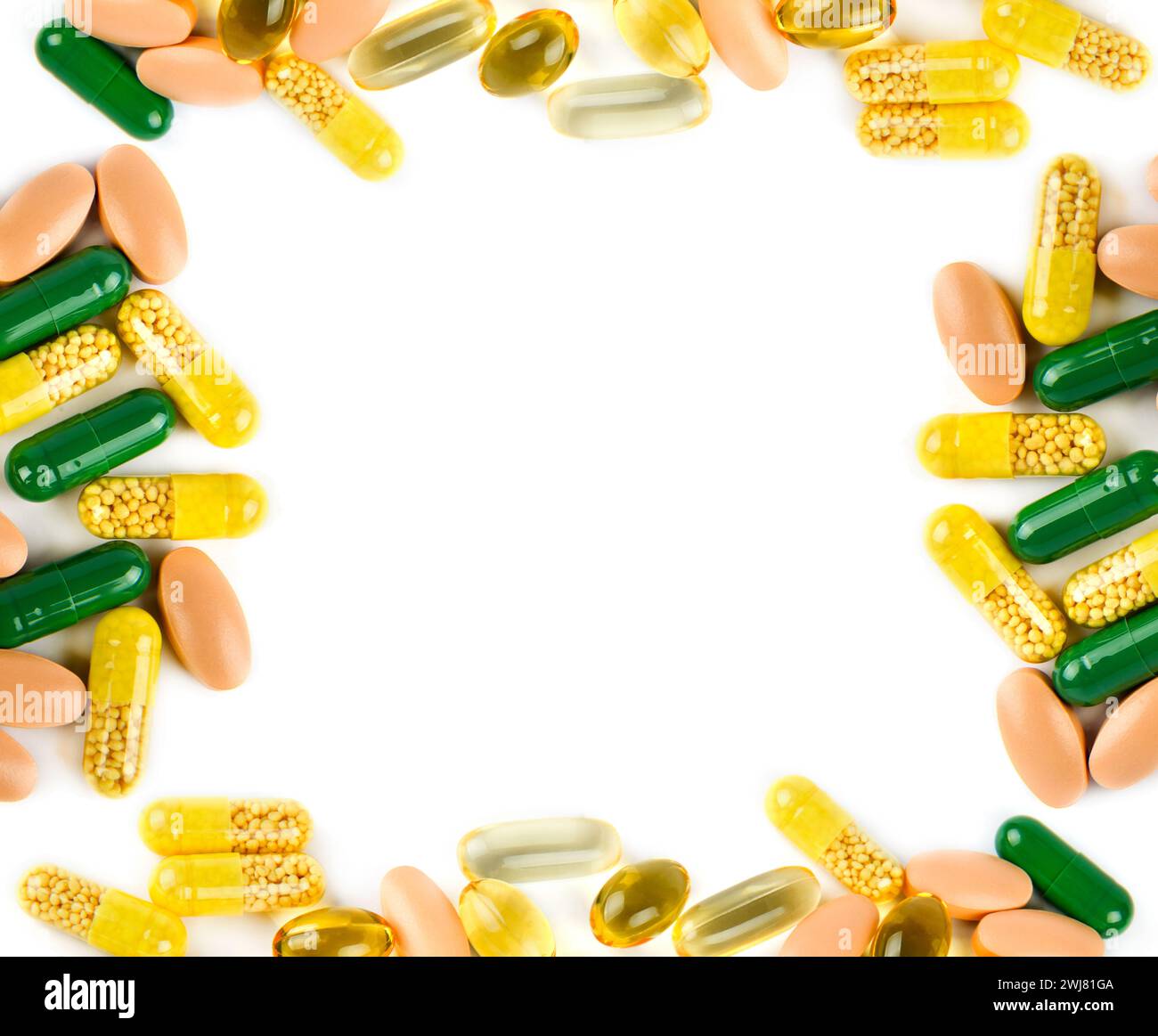 Arzneimittel, Tabletten und Kapseln, isoliert auf weißem Hintergrund. Collage. Es ist freier Platz für Text vorhanden. Stockfoto