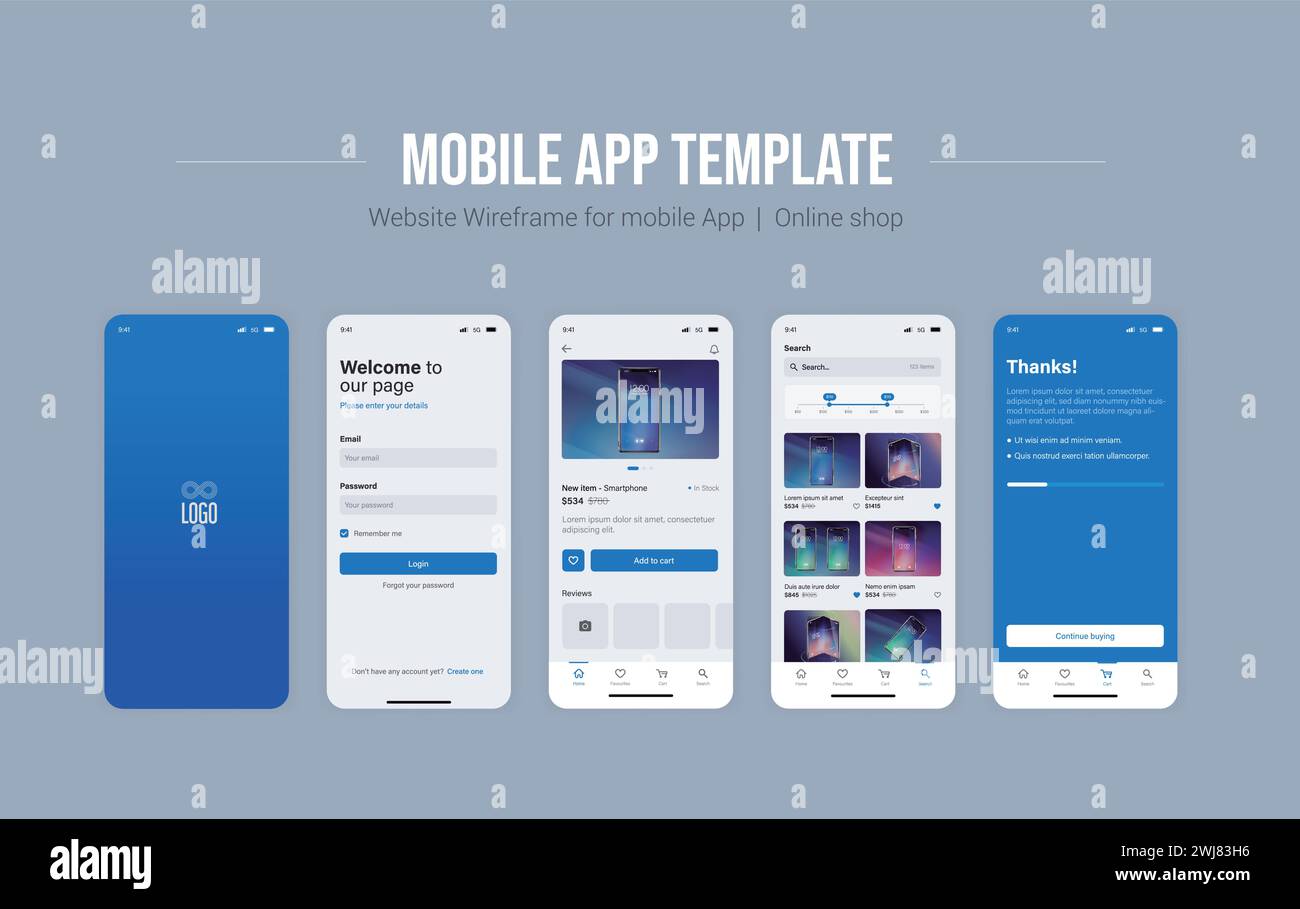 Smartphone-UI-App. Telefonbildschirme für die Anwendung im Shop. Mobile Schnittstelle mit Kontoanmeldung und Warenkorb. Stock Vektor