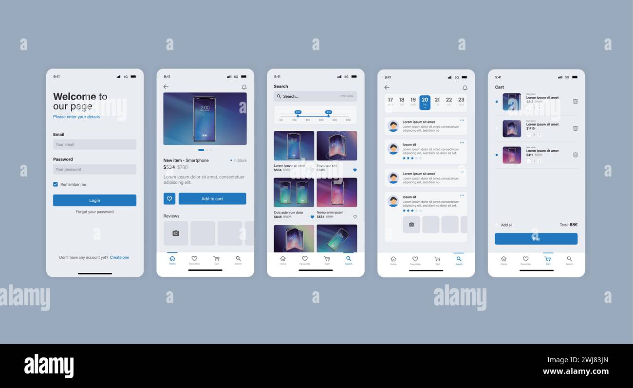 Smartphone-UI-App. Telefonbildschirme für die Anwendung im Shop. Mobile Schnittstelle mit Kontoanmeldung und Warenkorb. Stock Vektor