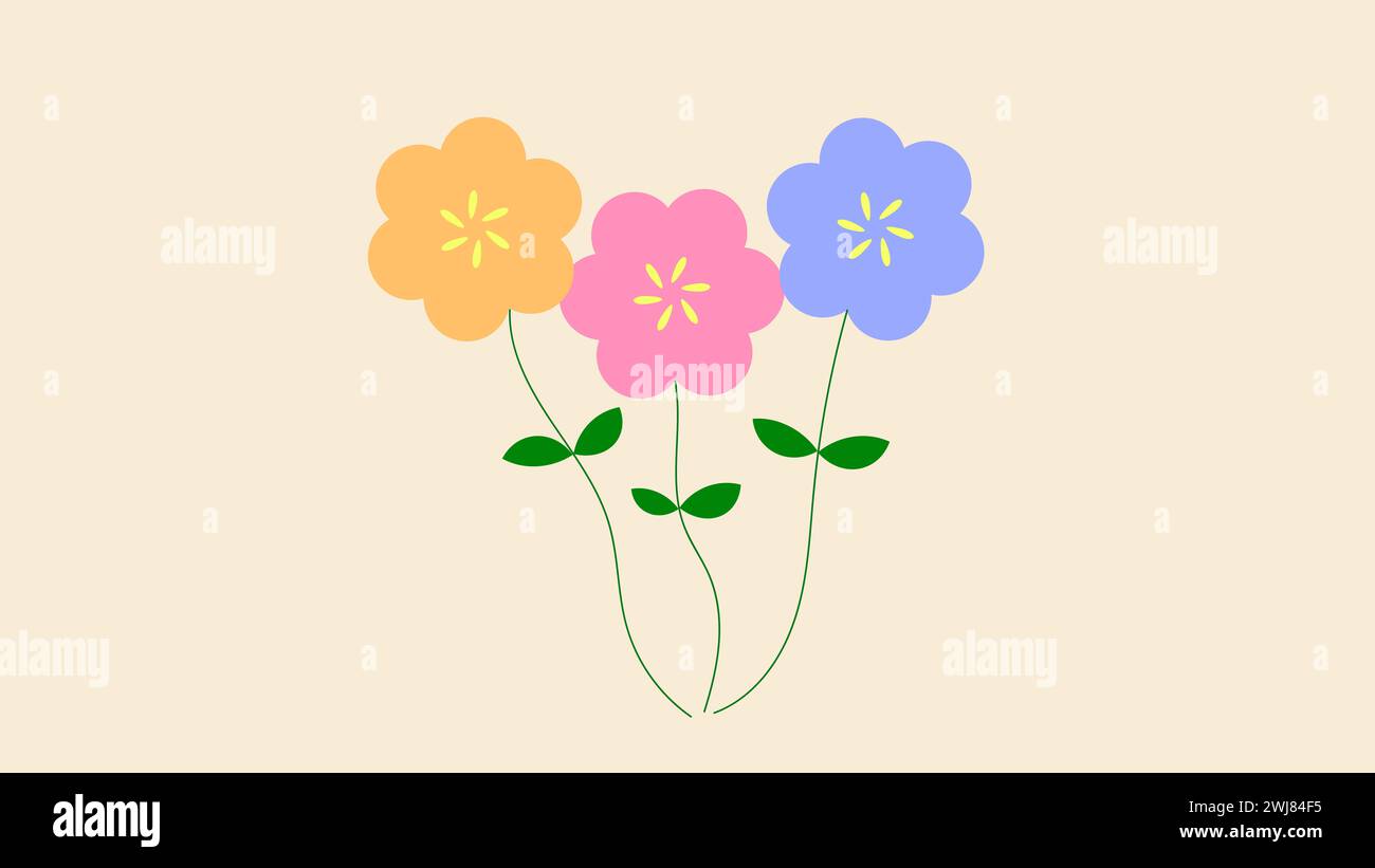 Einfache orange rosa blaue Blüten mit gansgelbem Hintergrund Stockfoto