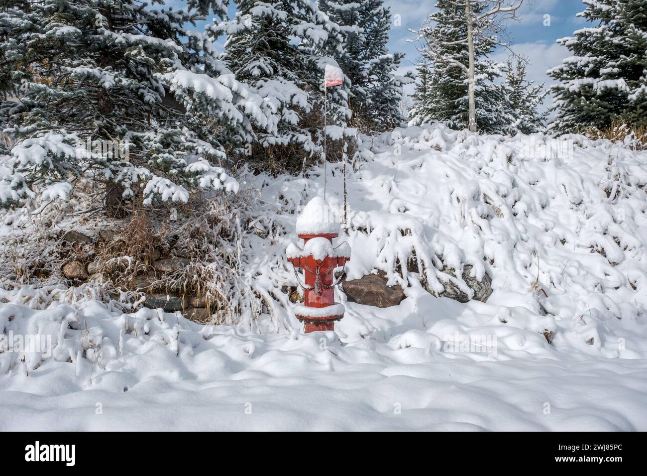 Rotwasserhydrant im Winter auf einem verschneiten Hügel mit Schnee bedeckt. Stockfoto