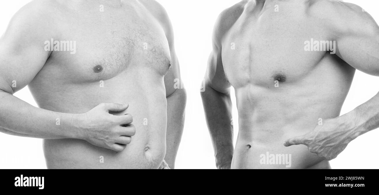Nahaufnahme von vor-Fett nach schlankem Vergleich von auf Weiß isolierten Männern. Vor Fett nach Slim vergleichen Stockfoto