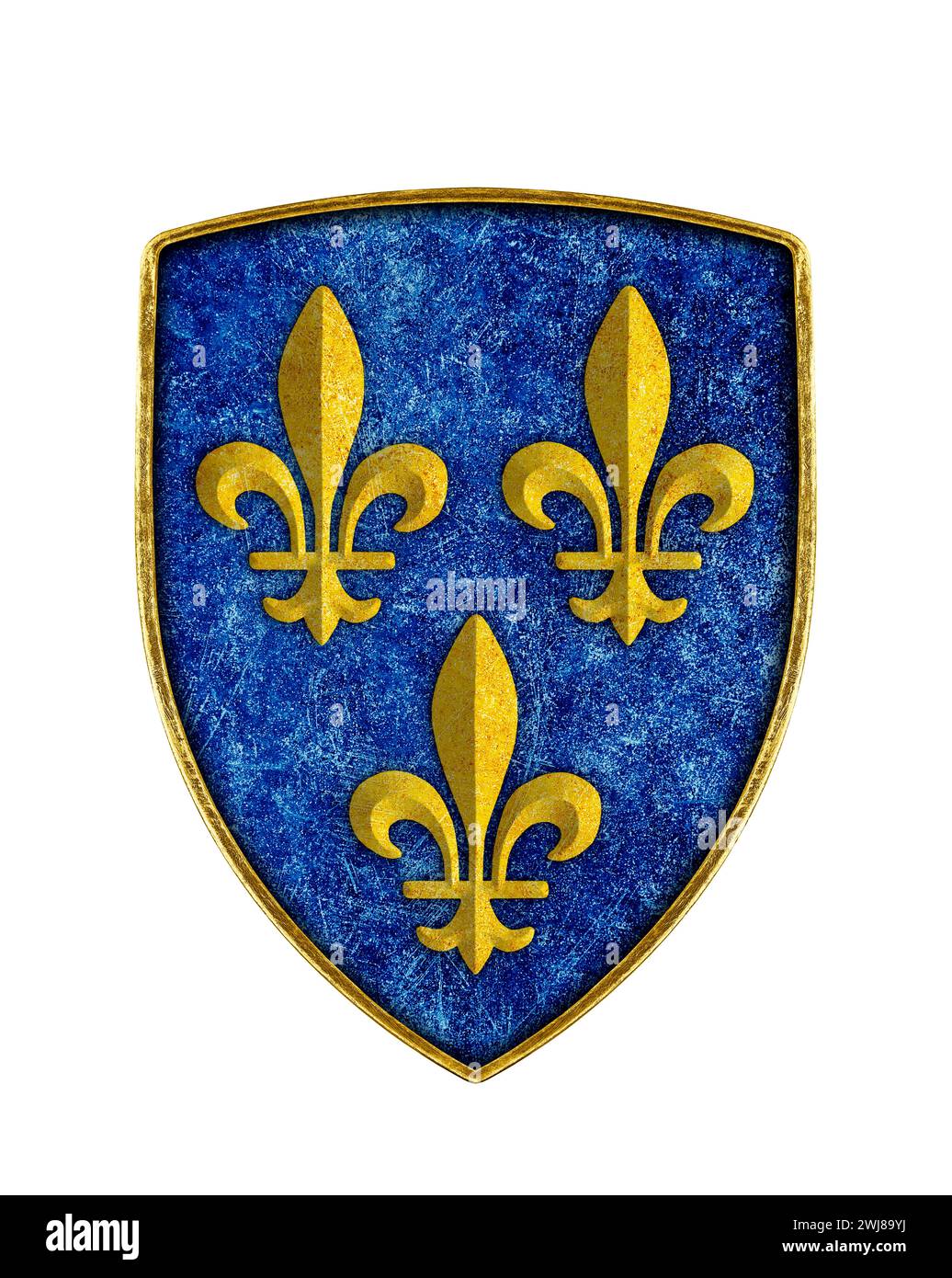 Heraldische Lilien Frankreichs auf einem Schild isoliert auf weißem Hintergrund Stockfoto