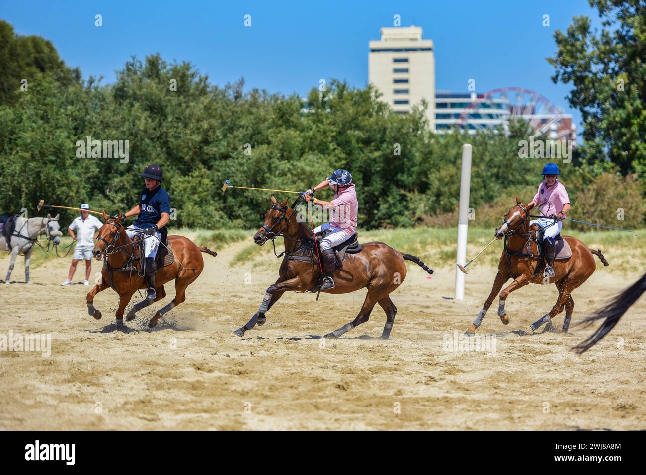 Melbourne, Australien. Februar 2024. Polo-Spieler von Captain Baxter und Whispering Angel sind in einem Polospiel beim Luxury Escapes Twilight Beach Polo 2024 in Aktion zu sehen. (Foto: Alexander Bogatyrev/SOPA Images/SIPA USA) Credit: SIPA USA/Alamy Live News Stockfoto