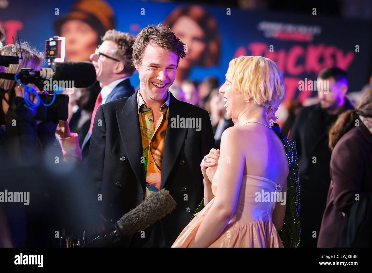 ODEON LUXE Leicester Square, London, Großbritannien. 13. Februar 2024. Hugh Skinner, Jessie Buckley und Olivia Colman wurden bei der europäischen Premiere von Wicked Little Letters fotografiert. Foto von Julie Edwards./Alamy Live News Stockfoto