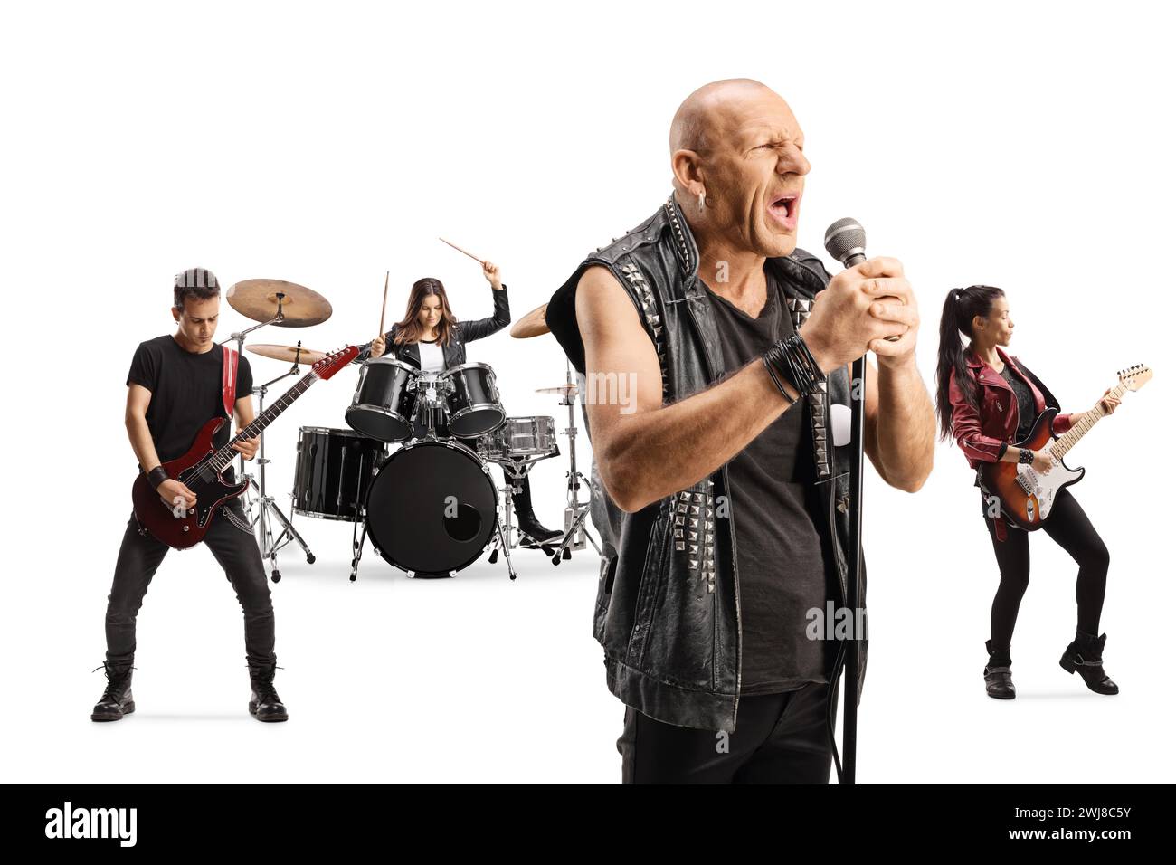 Rockstar singt mit einer Musikband auf weißem Hintergrund Stockfoto