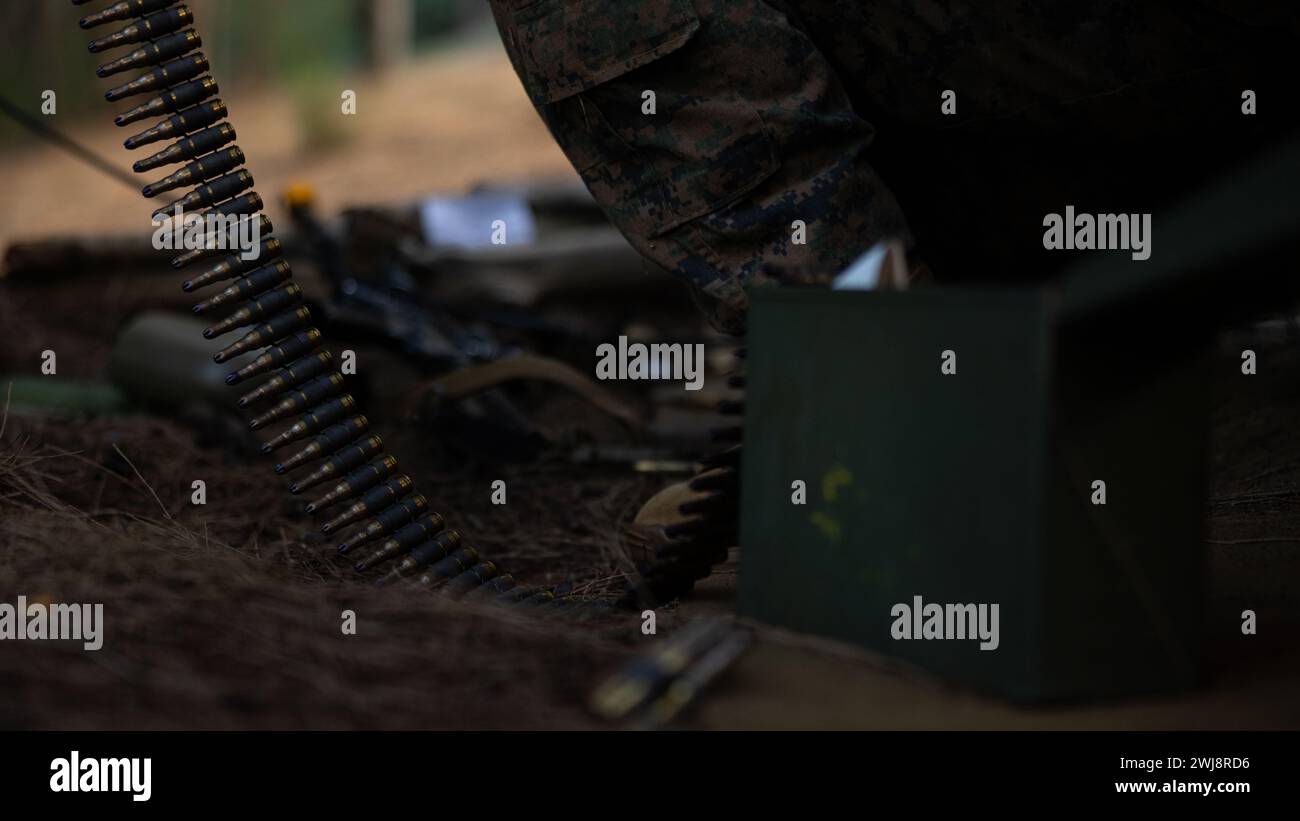 Während einer Feldübung im Kahuku Training Area, Hawaii, hängt am 8. Februar 2024 die leere Munition an einem M240-Maschinengewehr. Während des Trainings führte das 3d Littoral Logistics Bataillon, 3d Marine Littoral Regiment, 3d Marine Division taktische logistische Operationen durch, die 3d MLR Einheiten unterstützten, während sie mit fiktiven feindlichen Eingriffen konfrontiert waren. (Foto des U.S. Marine Corps von Sgt. Jacqueline C. Parsons) Stockfoto