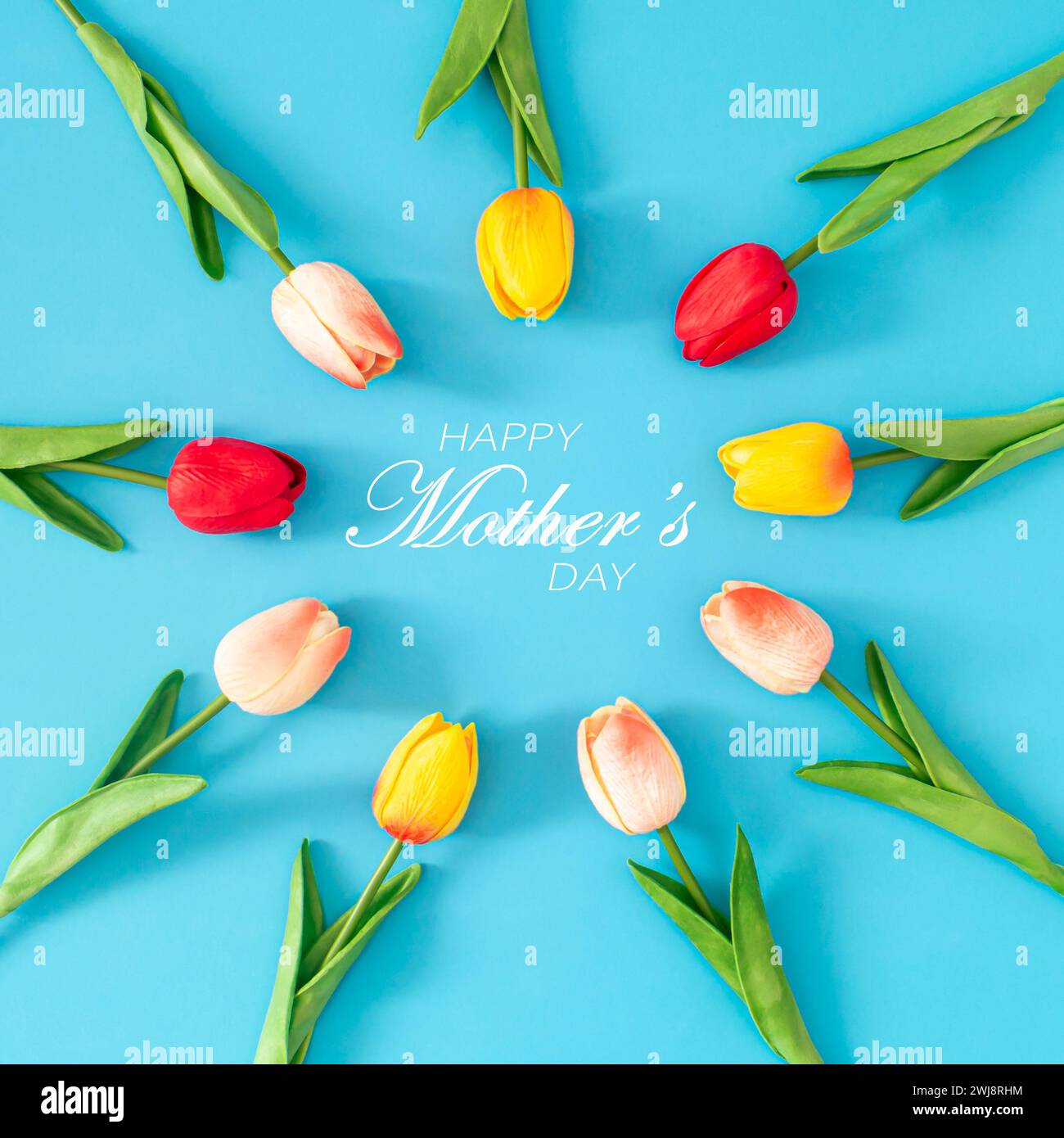 Kreative Frühlingskomposition aus bunten Tulpenblüten mit „Happy Mother's Day“-Text auf blauem Hintergrund. Minimales Muttertagskonzept. Stockfoto