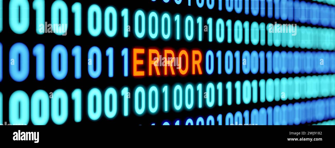 Fehlermeldung. Binärcode, Fehler im Computersystem. Fehlermeldung. Computersystemfehler, Binärcode, Null und Eins. Fehlerwarnzeichen, System Stockfoto