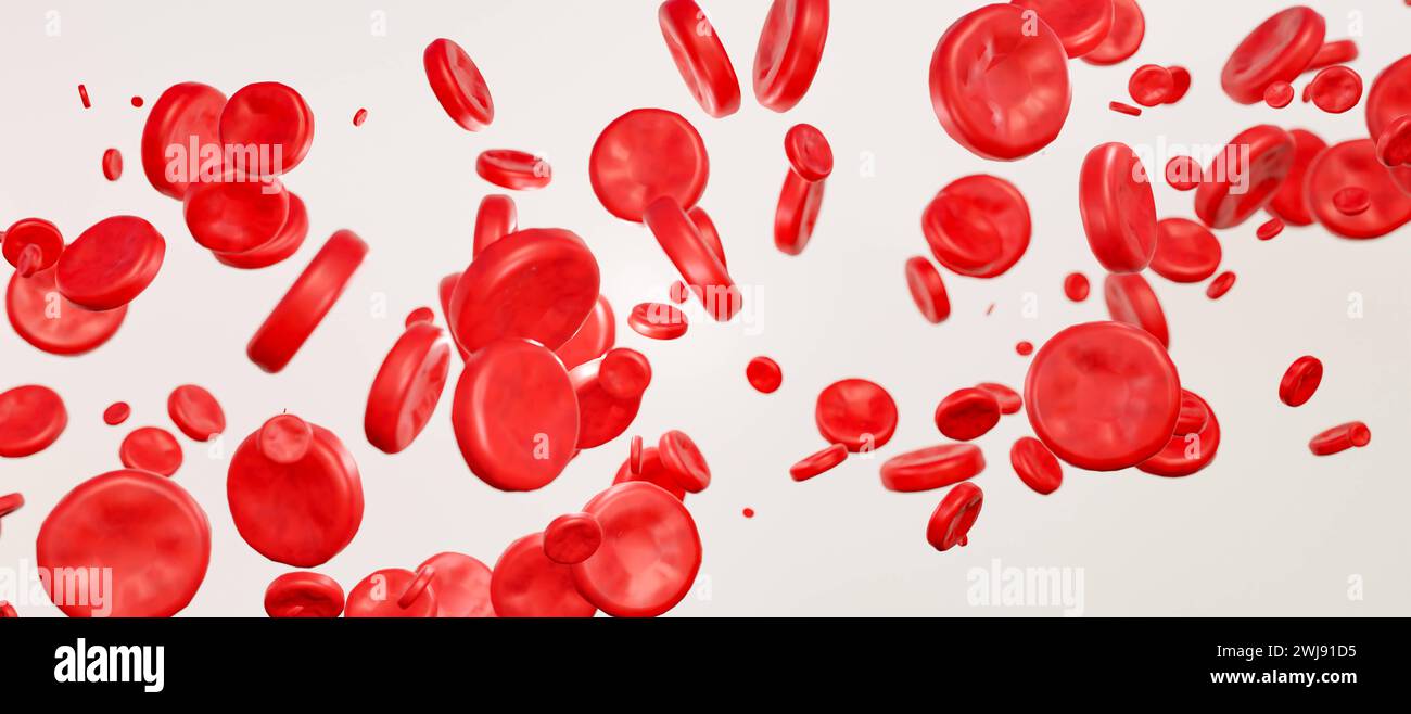 Blutzellen. Blutzellen vor weißem Hintergrund. Hämoglobin, Körper, Blutbahn, Blutplasma, Arterien. 3D-Illustration science024s06 Blood cel Stockfoto