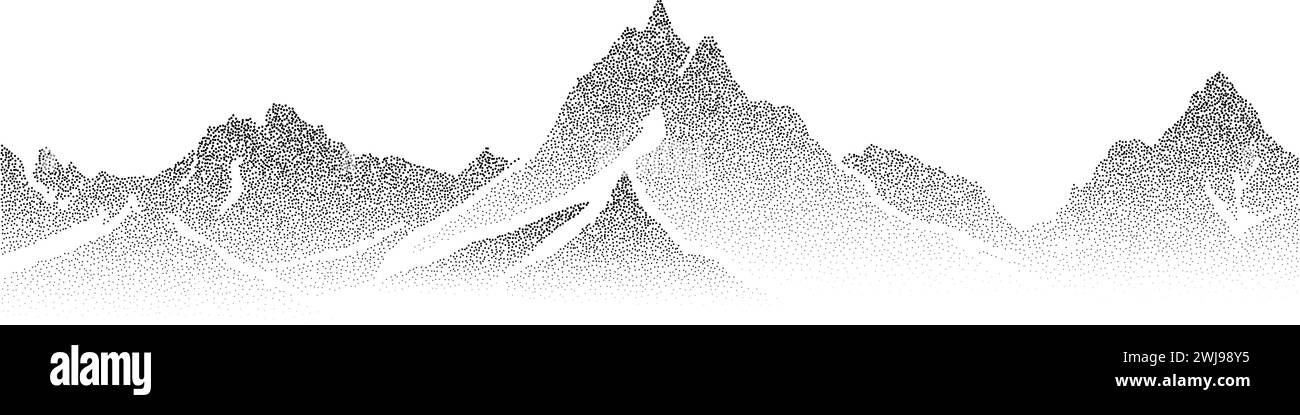 Illustration der gestochenen Getreidegebirge. Gepunktete Silhouette des Geländes. Schwarz-weiße, körnige Bergkette. Grunge Noise Mount Peaks Hintergrund. Tapete mit Ridge-Struktur. Vektor der Punktdarstellung Stock Vektor