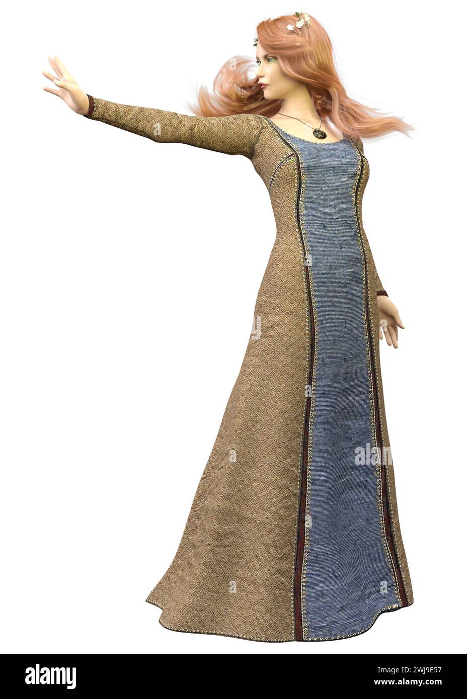 Fantasy-Magierin in mittelalterlichem Kleid, 3D-Illustration. Stockfoto