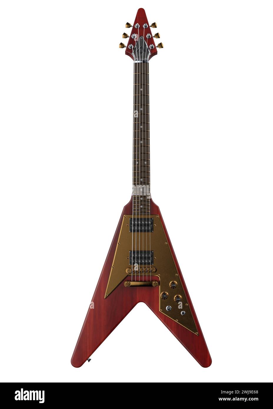 Moderne elektrische Gitarre in roter Farbe, 3D-Illustration. Stockfoto