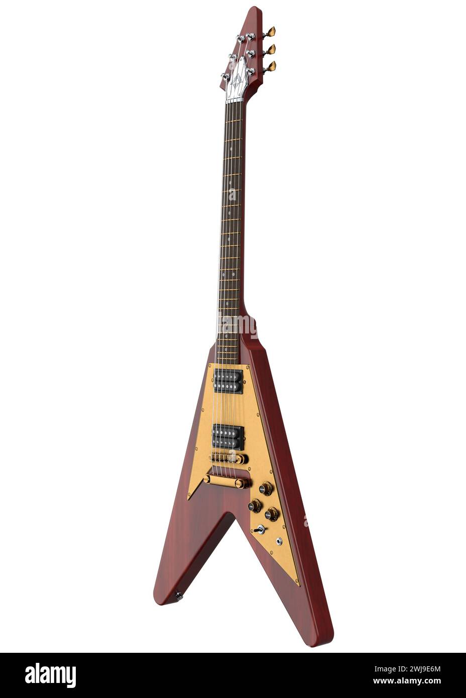 Moderne elektrische Gitarre in roter Farbe, 3D-Illustration. Stockfoto