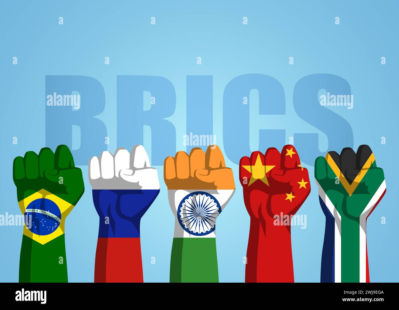 Vektorillustration von Fäusten mit den Flaggen der BRICS-Länder Stock Vektor