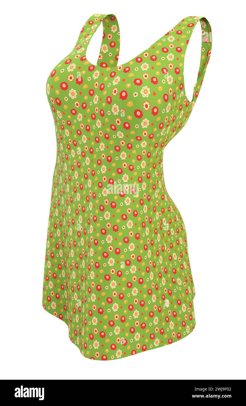 Sommer-kurzes grünes Kleid mit Blumenmuster im Retro-Stil, 3D-Illustration. Stockfoto