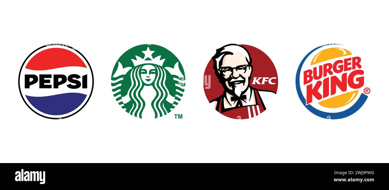 KFC, Burger King, Starbucks, Pepsi. Vektorillustration, redaktionelles Logo. Stock Vektor