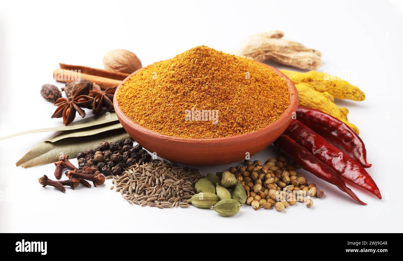 Natürliche Gewürze für Curry Masala, indische Gewürzmischung mit Pulver, Lebensmittelzutaten, Garam Masala. Stockfoto