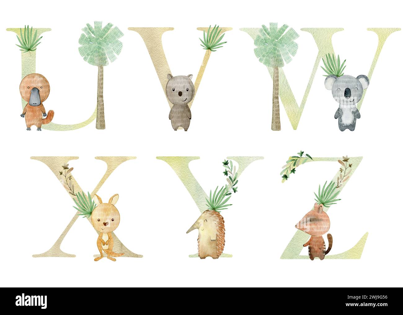Briefe mit australischen Tieren in Aquarellfarben für Einladungskarte, Kinderposter und anderes. Stockfoto