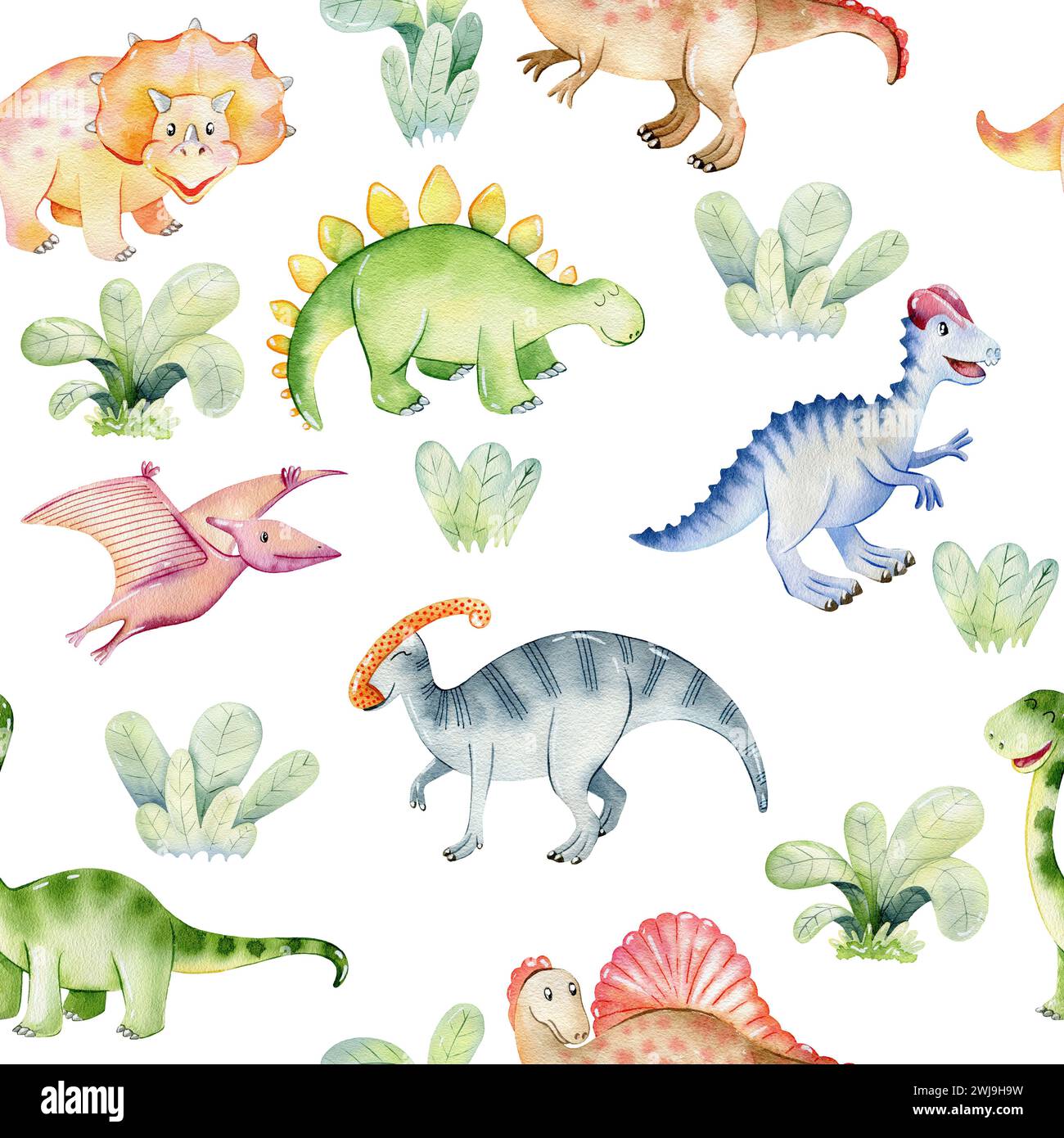 Wasserfarbenes, nahtloses Muster mit süßen Dinosauriern. Handgezeichnete Illustration Stockfoto