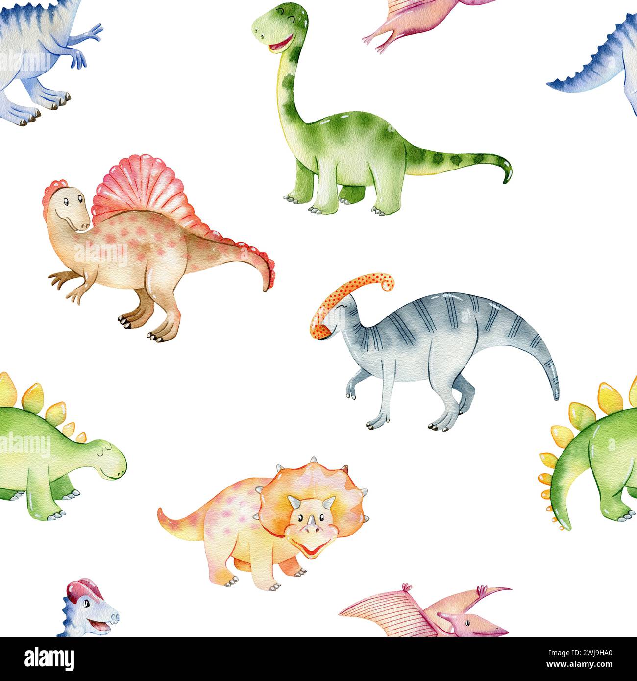 Wasserfarbenes, nahtloses Muster mit süßen Dinosauriern. Handgezeichnete Illustration Stockfoto