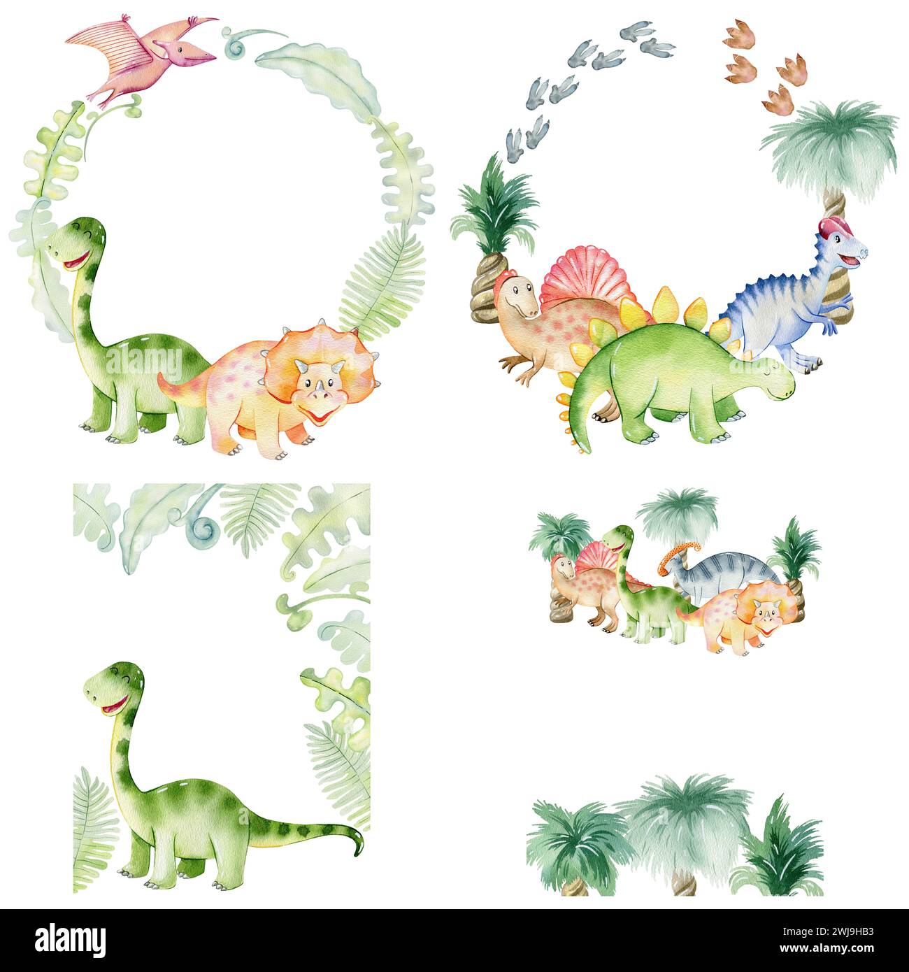 Aquarellrahmen mit süßen Dinosauriern. Stockfoto