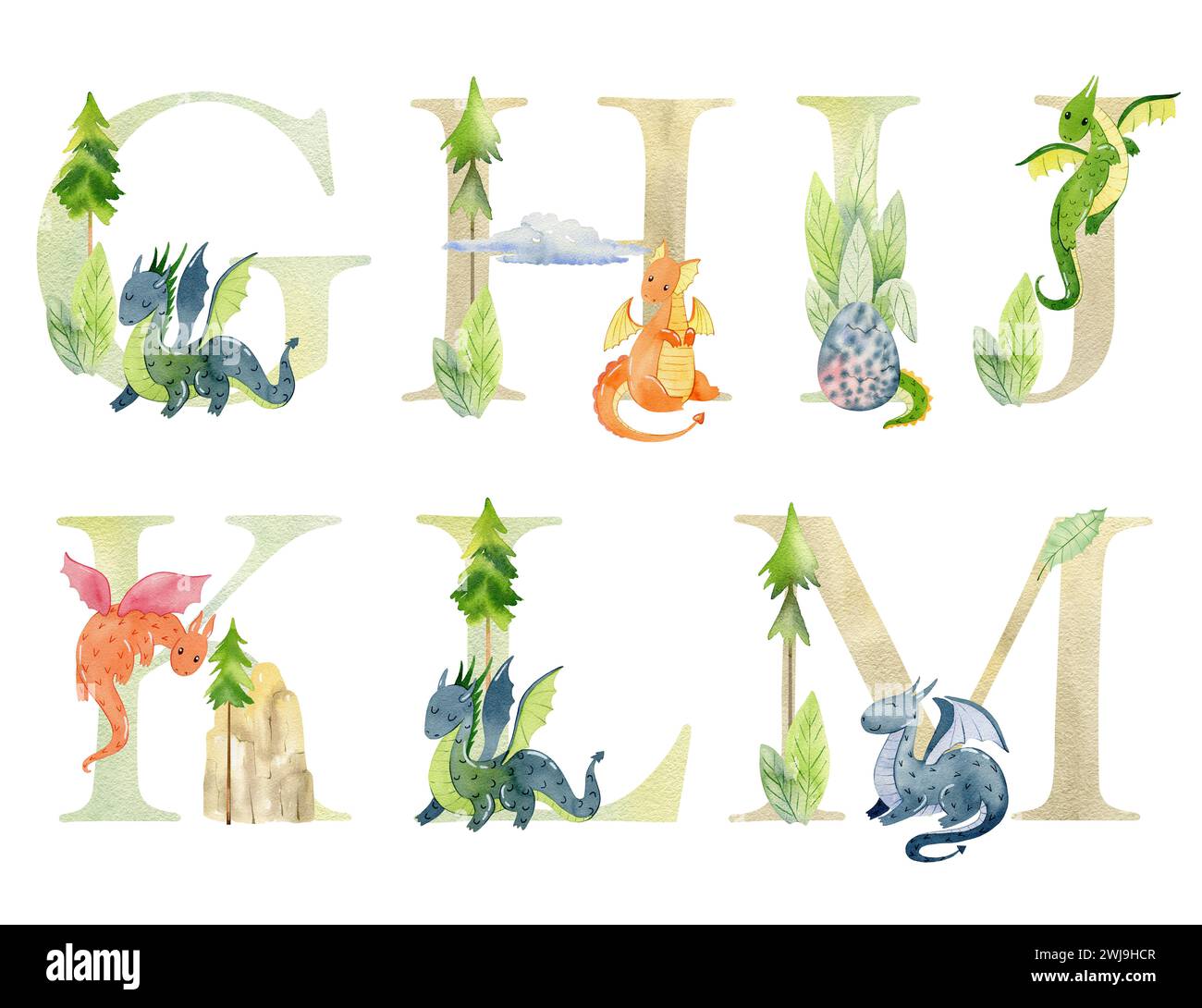 Wasserfarben Drachen Buchstaben. Stockfoto