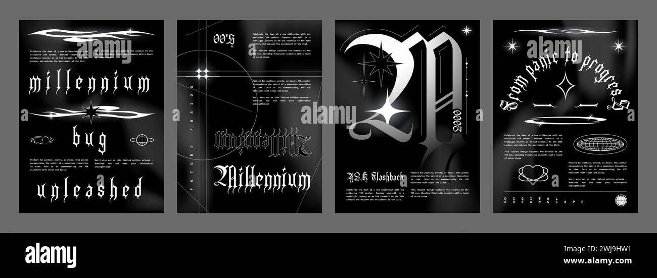 Poster-Designvorlage im y2k-Grunge-Gothic-Stil mit grauen abstrakten Techno-Elementen und grafischer Typografie auf schwarzem Hintergrund. Punk Retro futuristisches Banner- oder Plakatlayout der 2000er Jahre. Stock Vektor