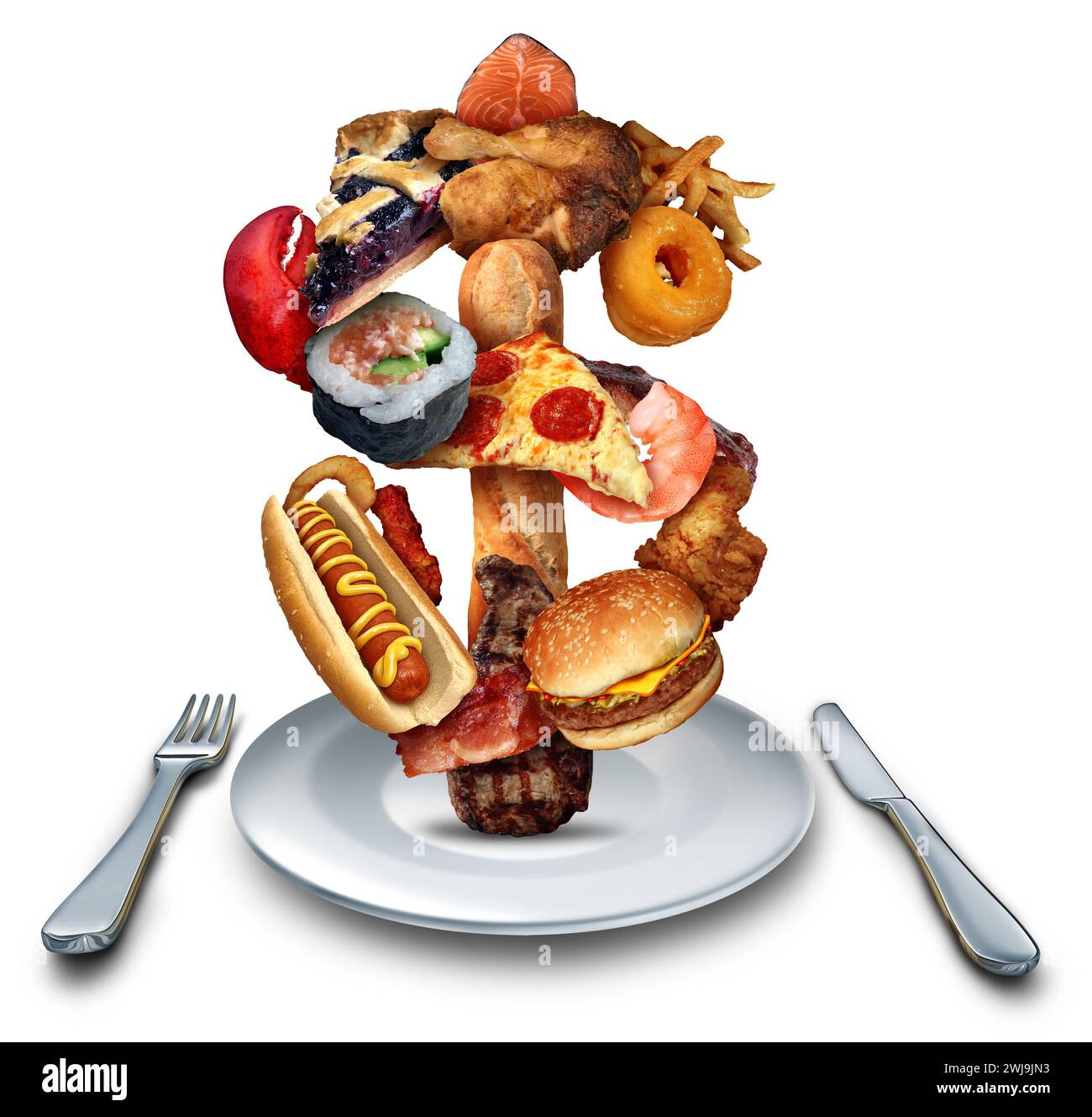 Restaurant hohe Preise und Kosten für Zutaten wie steigende Lebensmittel- oder Gastronomiepreise als Symbol für steigende Kosten. Stockfoto
