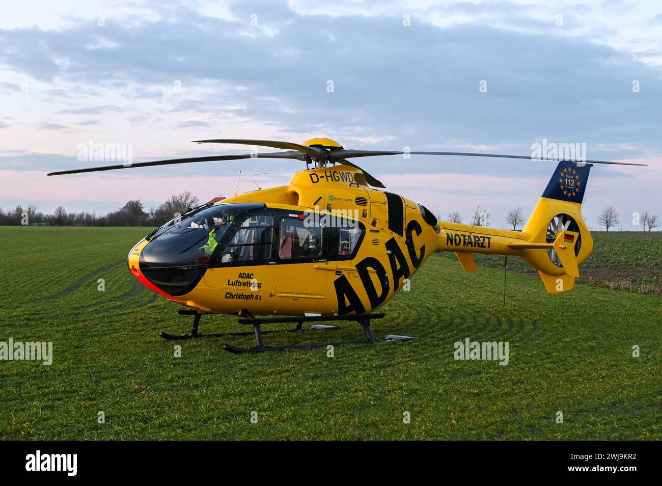 Laußig - Autofahrer brettert unter Alkohol mit Vollgas in Vorgarten und fallen mehrere Bäume: Rettungshubschrauber im Einsatz 12.02.2024 gegen 16,30 Uhr Laußig OT Pressel, Hauptstraße B183 im Foto: ein Rettungshubschrauber vom ADAC steht an einer Einsatzstelle auf einem Feld zu einem schweren Unfall kam es am Montagnachmittag gegen 16,30 Uhr auf der B183 im Laußiger Ortsteil Pressel. Nach ersten Angaben der Polizei war der Fahrer eines VW T-Cross auf der Bundesstraße von Bad Düben kommend in den Ort Pressel eingefahren. Dabei kam er direkt am Ortsteingang in einer leichten Linkskurve von der Fa Stockfoto