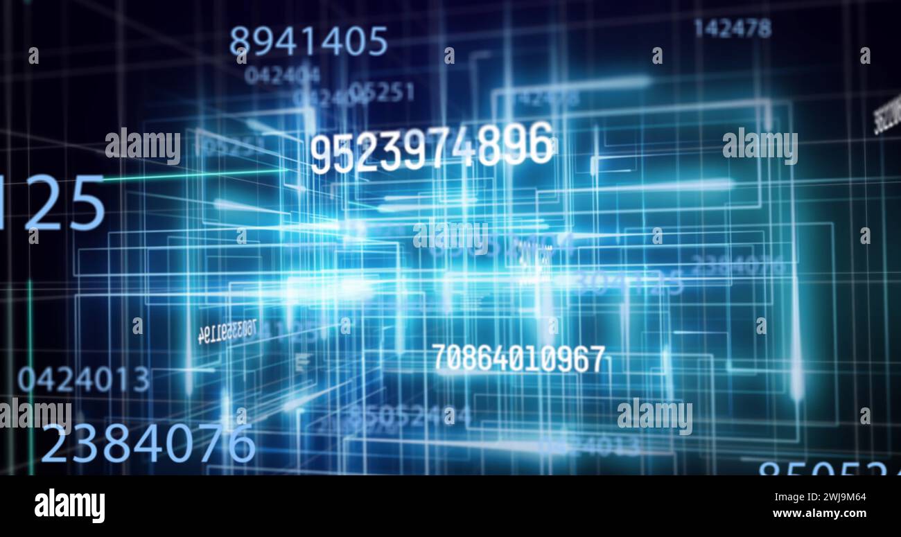 Bild von Zahlen, die sich bei der Datenverarbeitung ändern, mit leuchtenden blauen Linien im Hintergrund Stockfoto