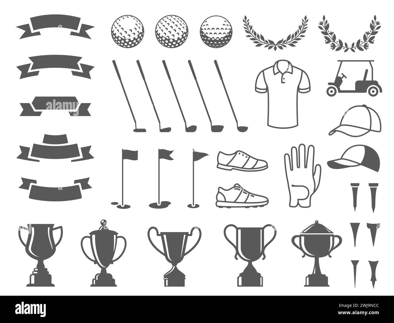 Golf Elements Kollektion. T-Symbole, Ballsilhouetten, Becheraufkleber und -Bänder, Kugelmarker und Putter-Abzeichen. Vektorset für sportliche Spielelemente Stock Vektor